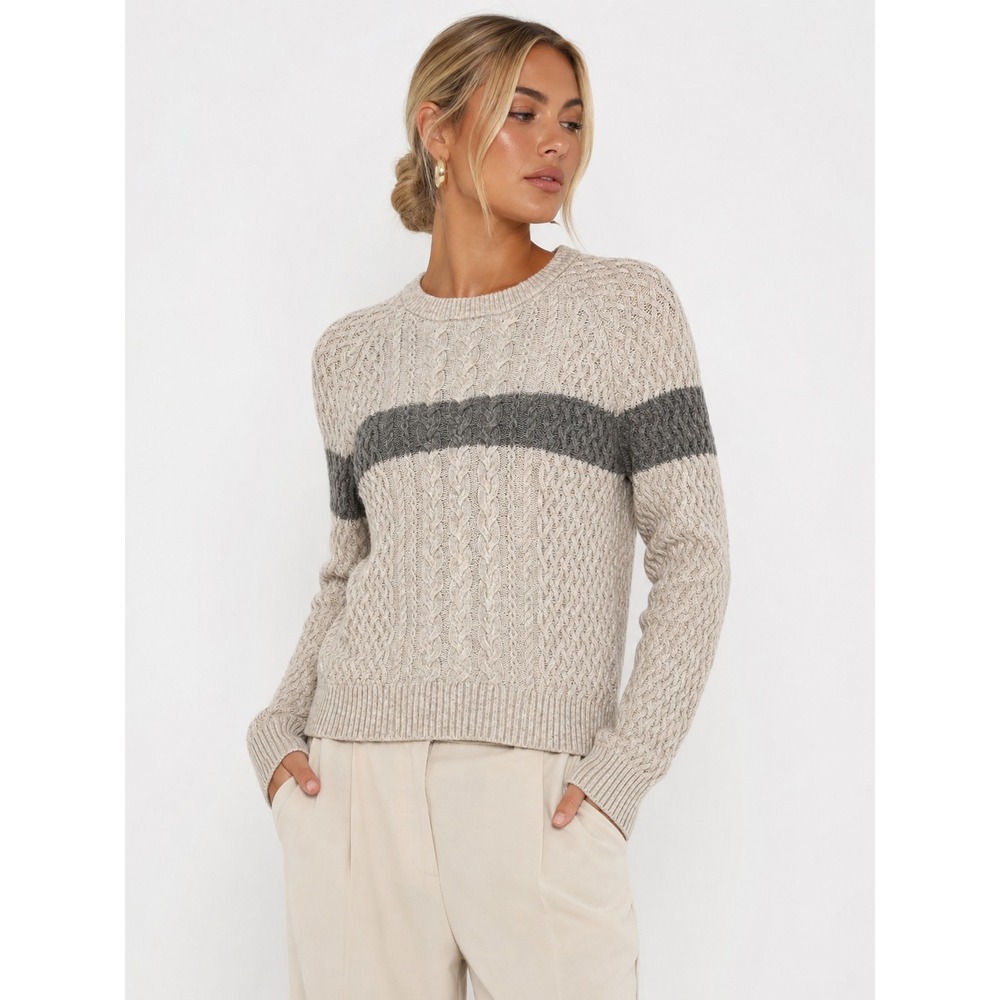 SWTR Merino Wool Cashmere Cable Knit Striped Sweater Oatmeal Gray XS